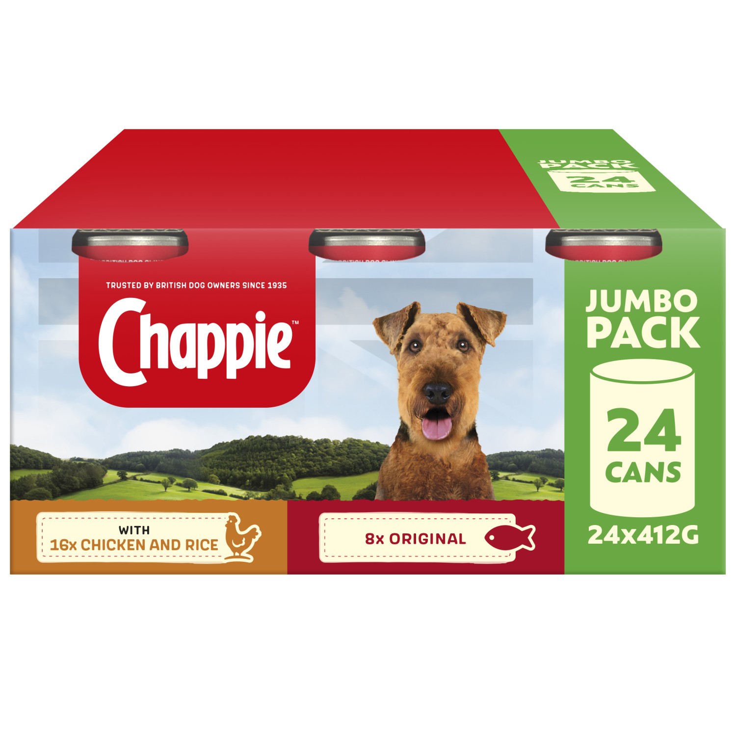 24 x 412g Chappie Adult Wet Dog Food Tins Favourites Original & Chicken in Loaf