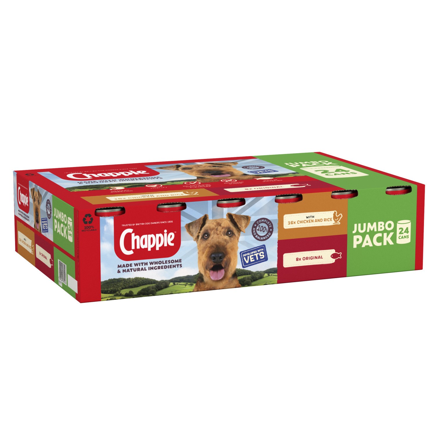 24 x 412g Chappie Adult Wet Dog Food Tins Favourites Original & Chicken in Loaf