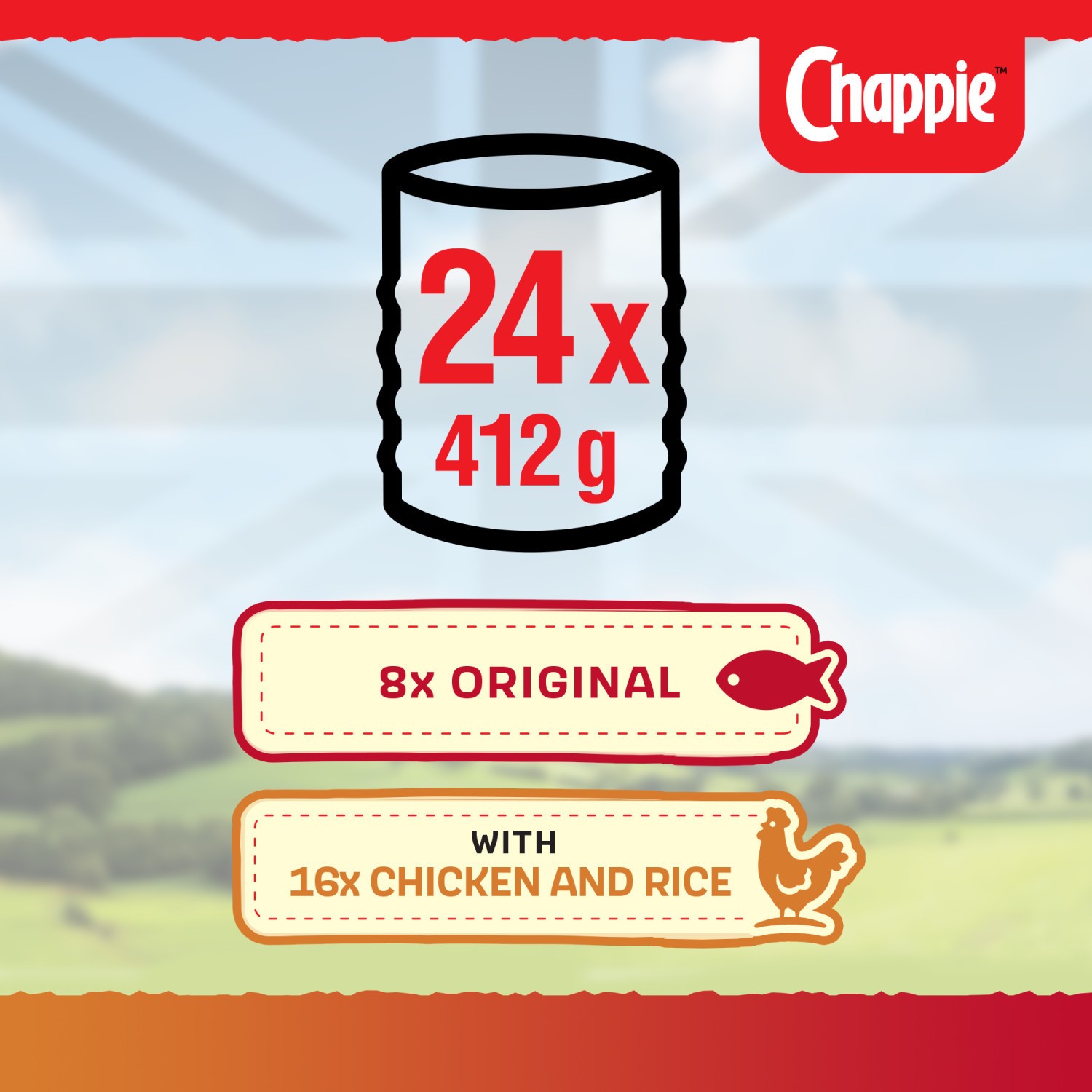 24 x 412g Chappie Adult Wet Dog Food Tins Favourites Original & Chicken in Loaf