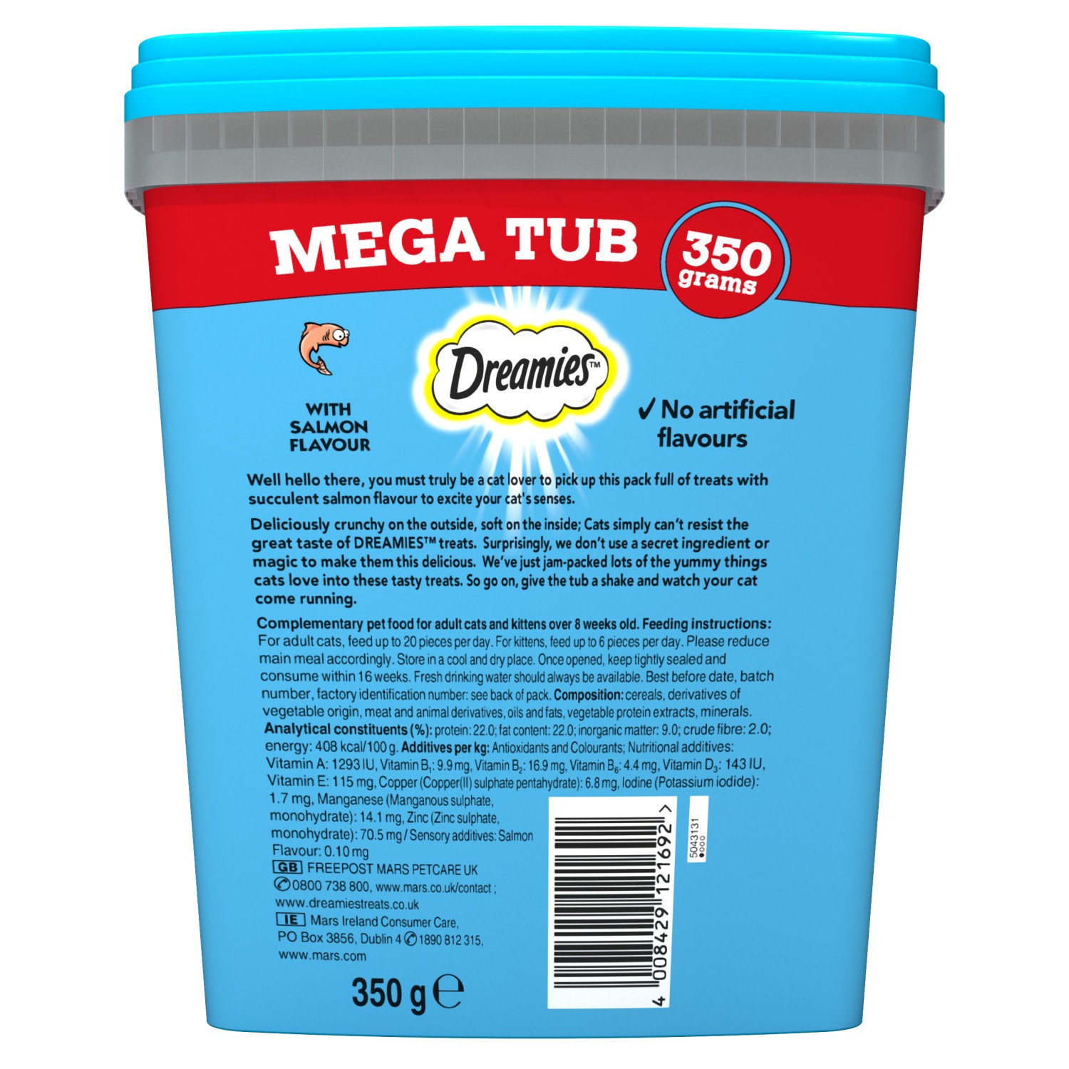 2 x 350g Dreamies Adult Cat Treats Mega Tubs Salmon Cat Biscuits 700g