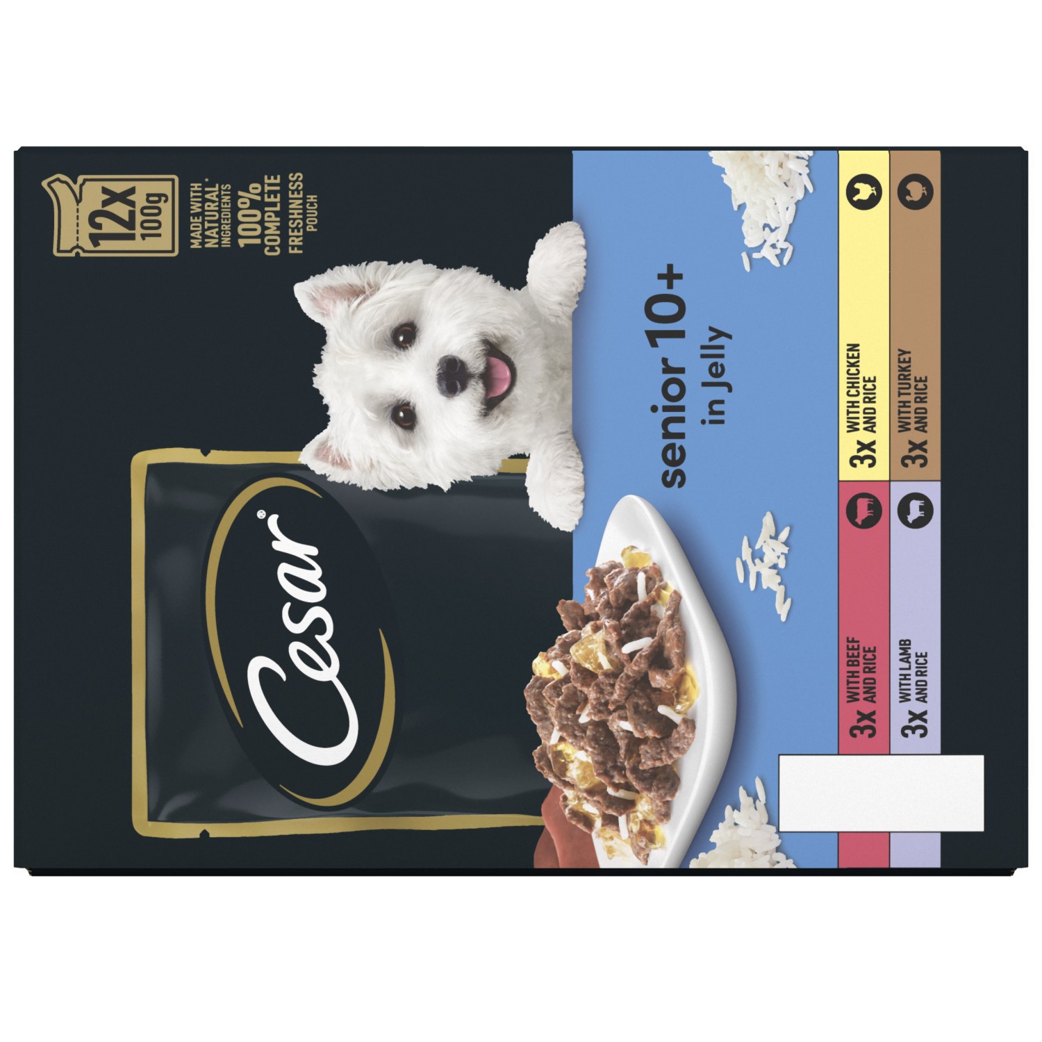 96 x 100g Cesar Luxury Senior 10+ Wet Dog Food Pouches Mixed Selection in Jelly