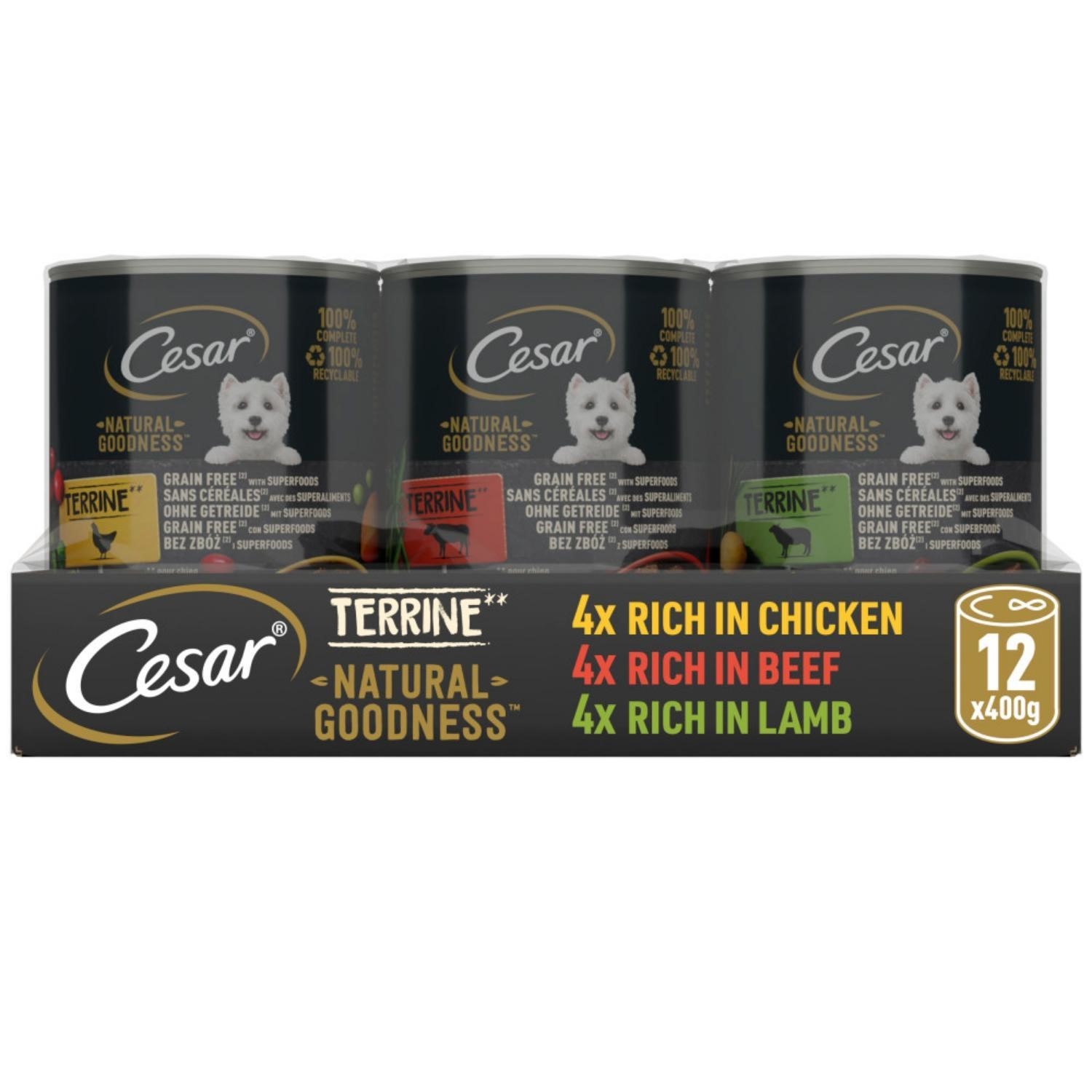 24 x 400g Cesar Grain Free Adult Wet Dog Food Tins Mixed Selection In Loaf Can