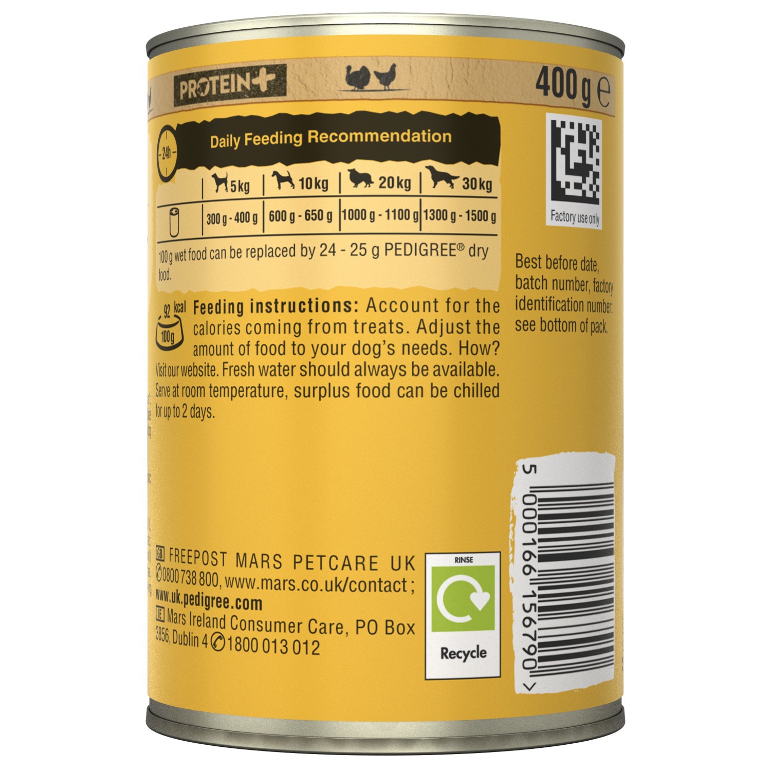 12 x 400g Pedigree Protein Plus Adult Dog Food Tin Turkey & Chicken in Loaf