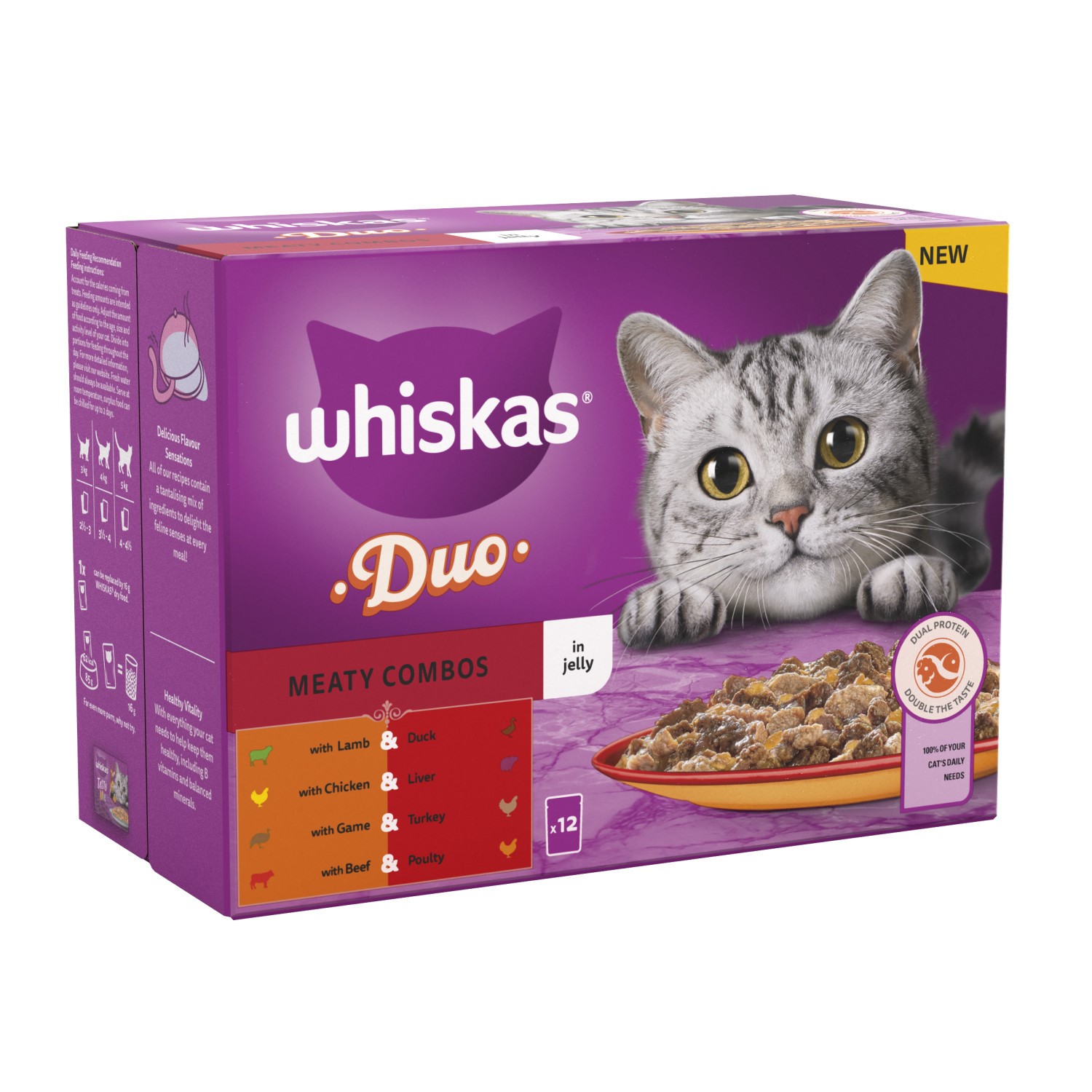 144 x 85g Whiskas 1+ Duo Meaty Combos Mixed Adult Wet Cat Food Pouches in Jelly
