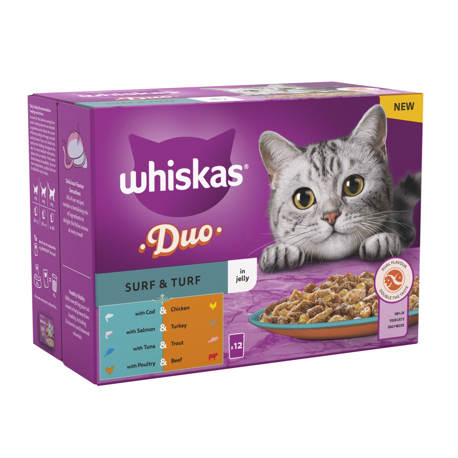 144 x 85g Whiskas 1+ Duo Surf & Turf Mixed Adult Wet Cat Food Pouches in Jelly