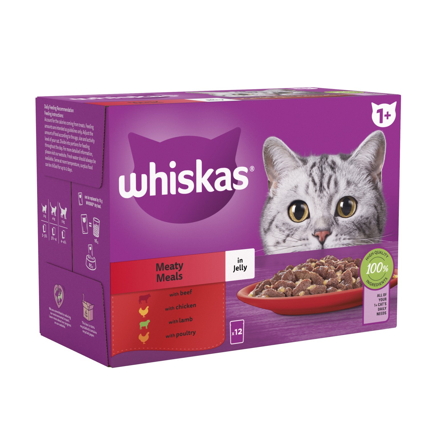 96 x 85g Whiskas 1+ Meaty Meals Mixed Adult Wet Cat Food Pouches in Jelly