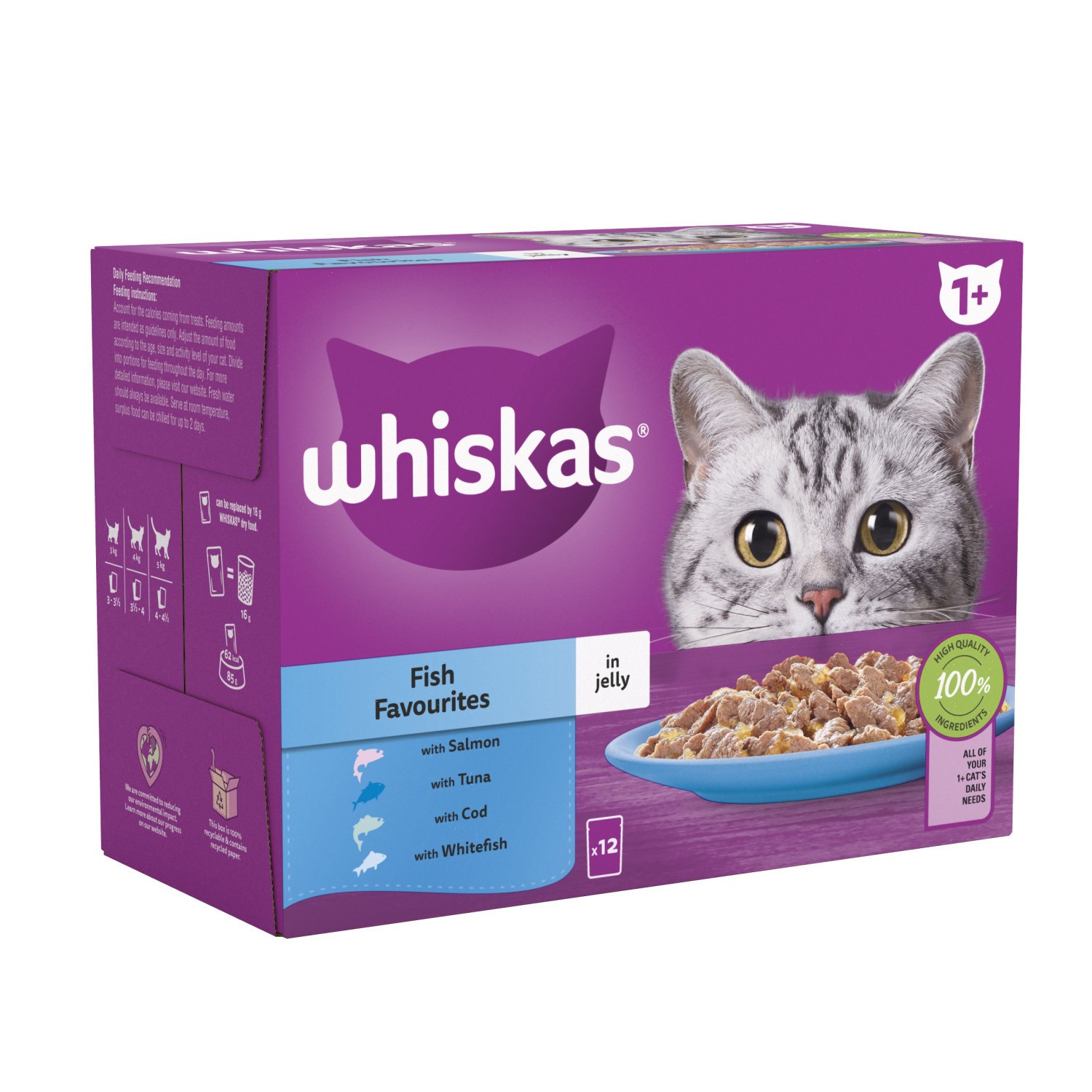 144 x 85g Whiskas 1+ Fish Favourites Mixed Adult Wet Cat Food Pouches in Jelly