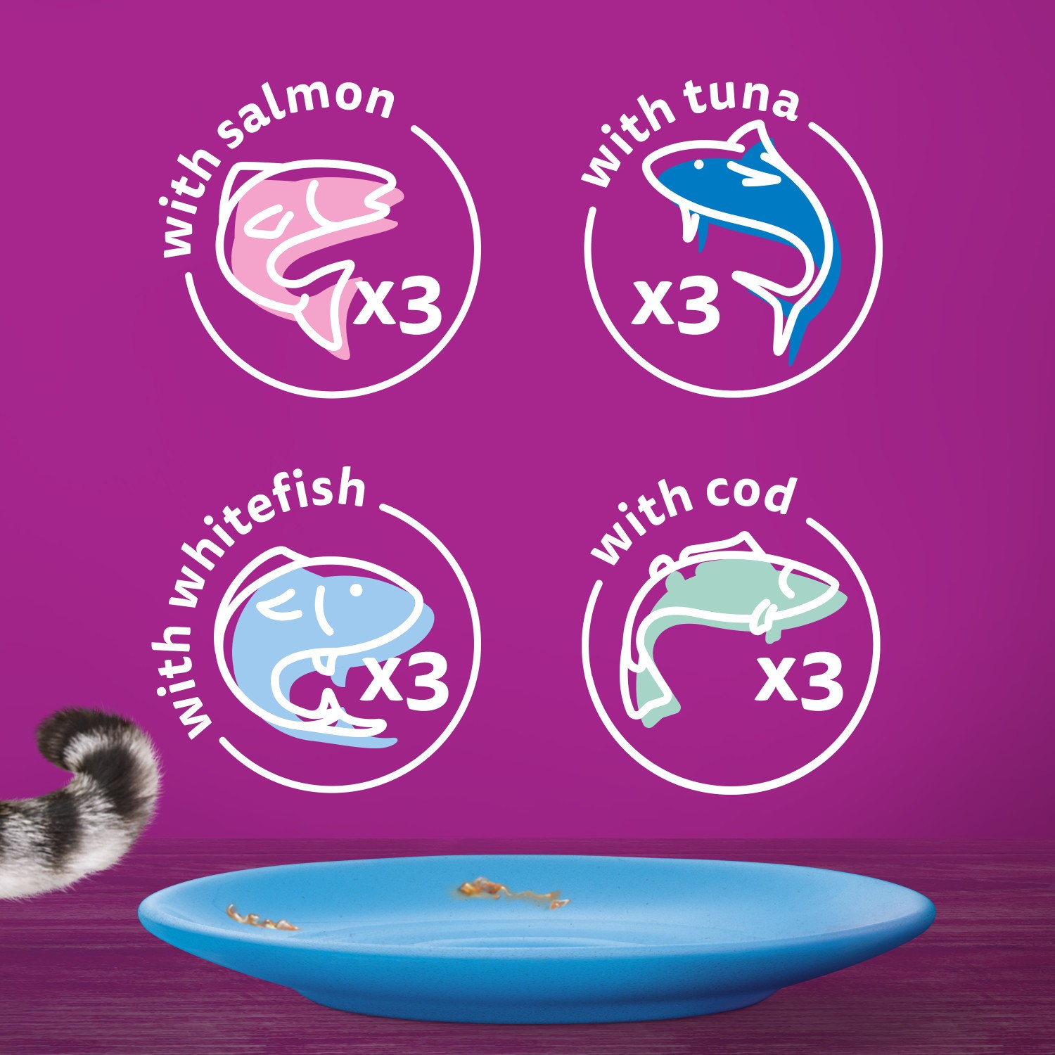 144 x 85g Whiskas 1+ Fish Favourites Mixed Adult Wet Cat Food Pouches in Jelly