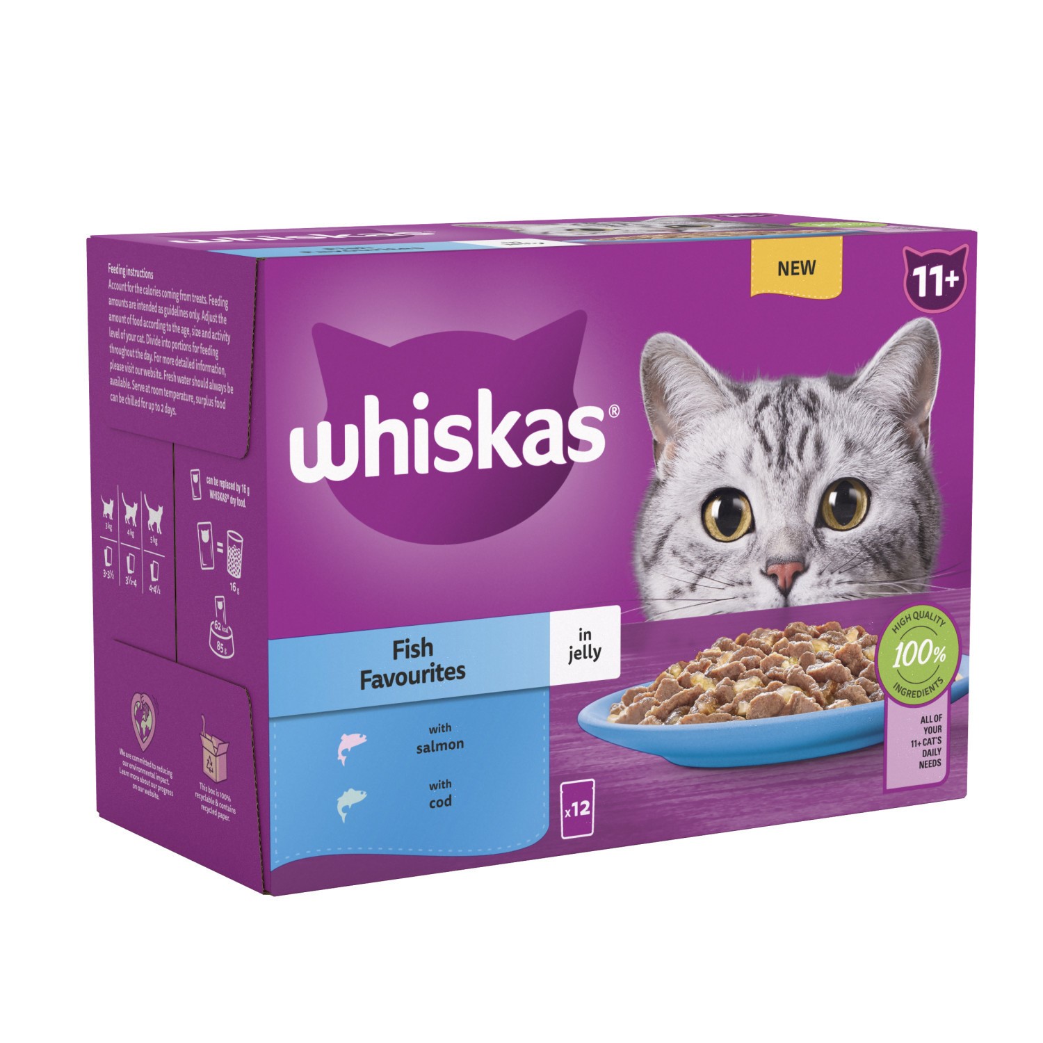 144 x 85g Whiskas 11+ Fish Favourites Mixed Senior Wet Cat Food Pouches in Jelly