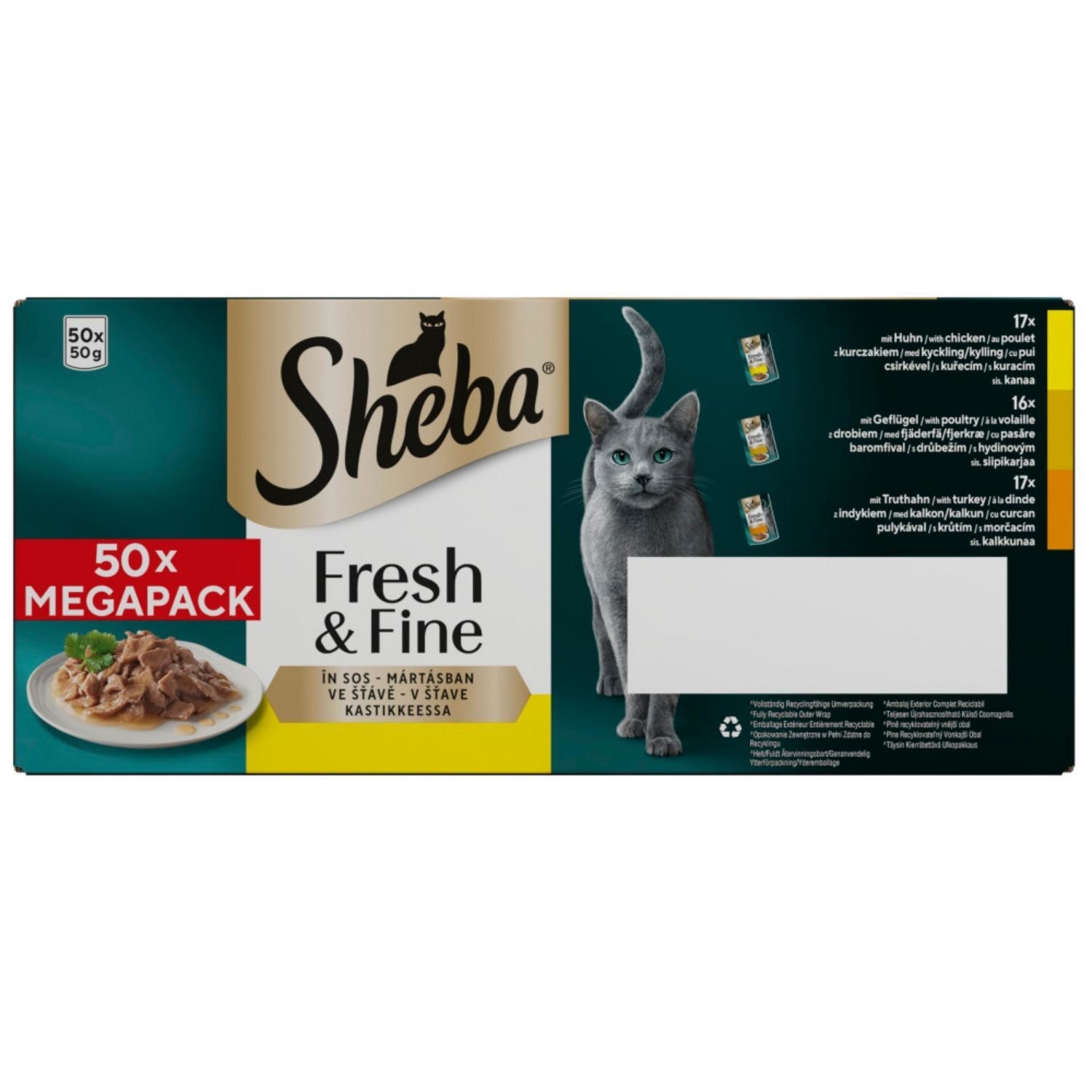 Sheba Fresh & Fine - Lot De 6 Sachets Fraîcheur Avec Poulet Et Dinde En Sauce, 50g Chacun, Nourriture Humide Pour Chat