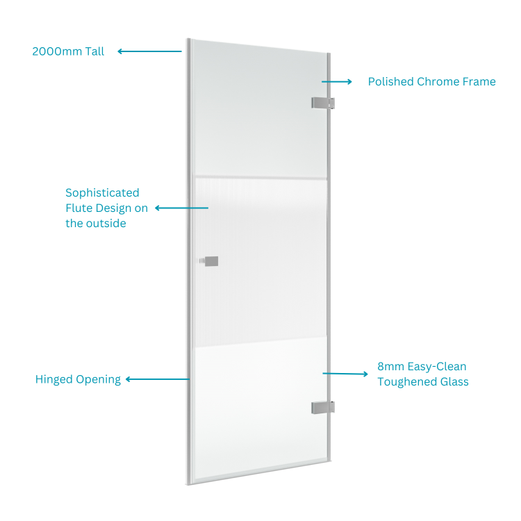 900mm Ribbed Glass Left Hand Hinged Shower Door 8mm Glass - Matira