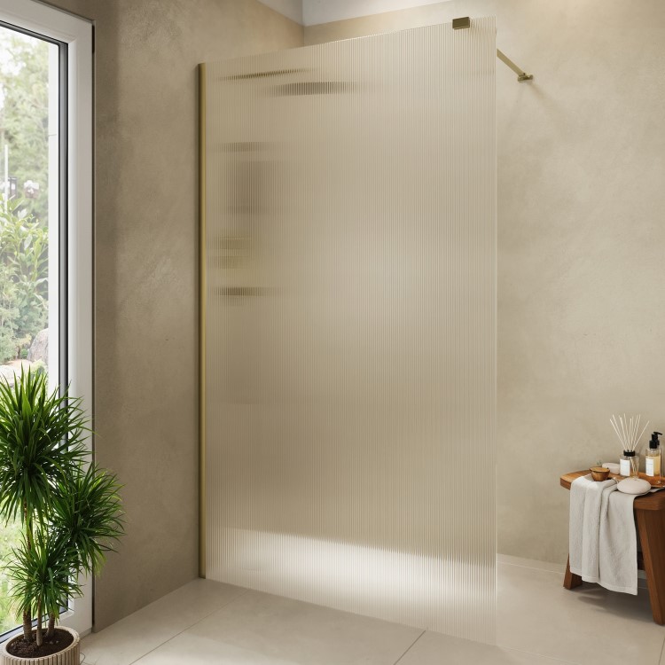 1200mm Brushed Brass Ribbed / Fluted Glass Shower Screen for Wet Room & Walk In Shower - Matira