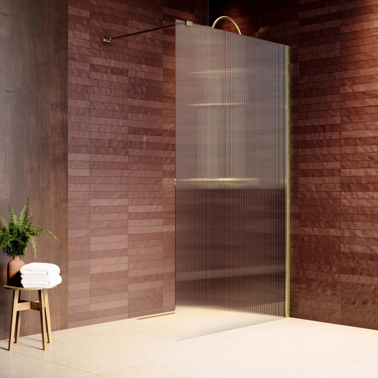 ONLY OPENED - 1200mm Brushed Brass Ribbed / Fluted Glass Shower Screen for Wet Room & Walk In Shower - Matira