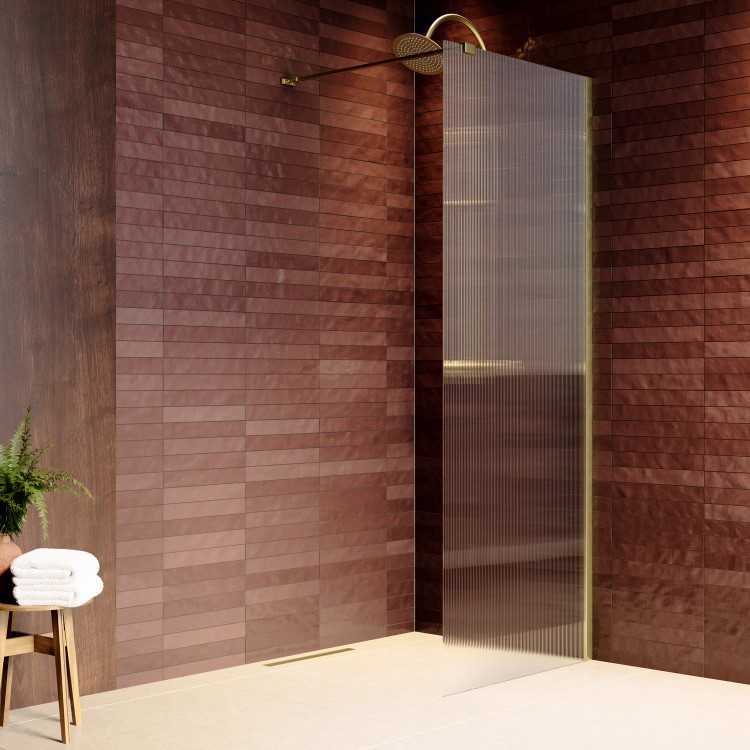 GRADE A1 - 900mm Brushed Brass Ribbed / Fluted Glass Shower Screen for Wet Room & Walk In Shower - Matira