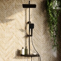 GRADE A2 - Black Thermostatic Mixer Shower Set with Push Button & Shelf - Mika