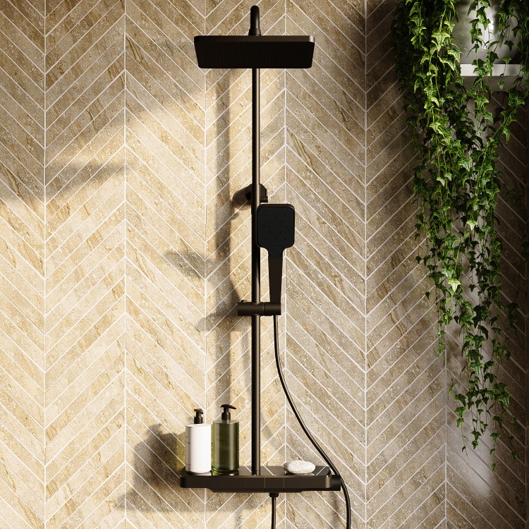 GRADE A2 - Black Thermostatic Mixer Shower Set with Push Button & Shelf - Mika