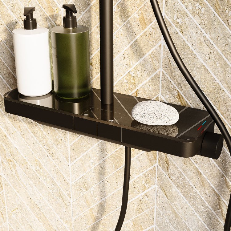 GRADE A2 - Black Thermostatic Mixer Shower Set with Push Button & Shelf - Mika