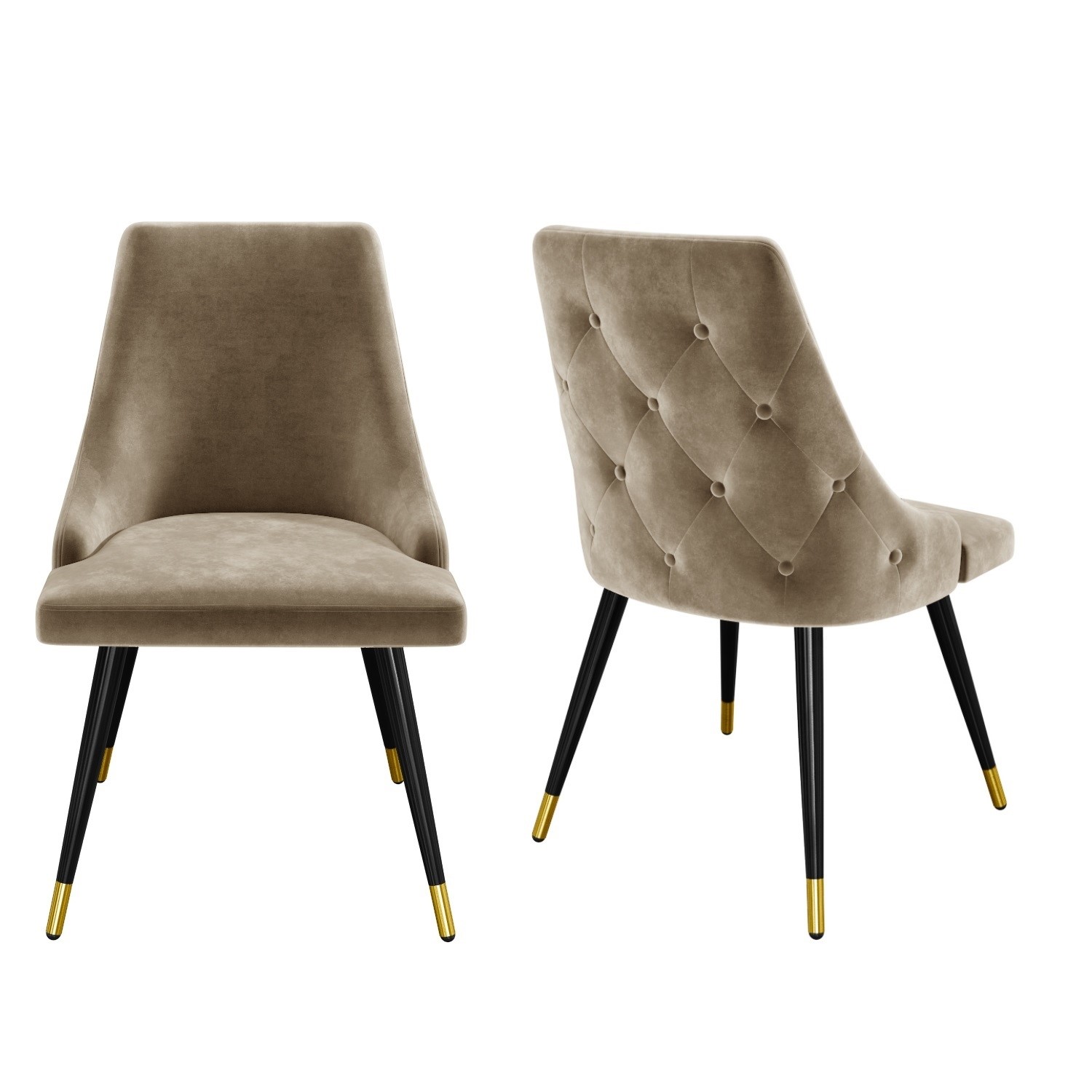 Pair of Beige Velvet Dining Chairs with Button Back & Black Legs