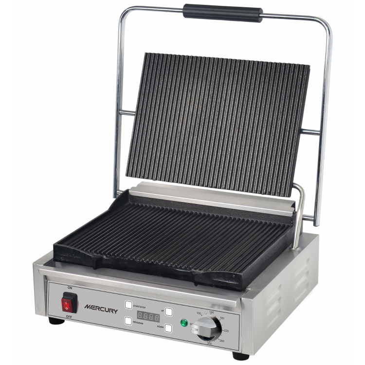 Mercury Large Single Contact Grill Ribbed Top And Bottom Plate. Digital Timer. 13 amp Panini Grill MEP-M-SATRR