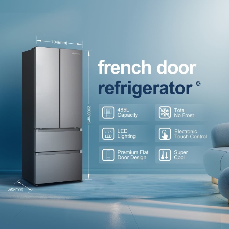 Fridgemaster 485 Litre French Style American Fridge Freezer - Silver
