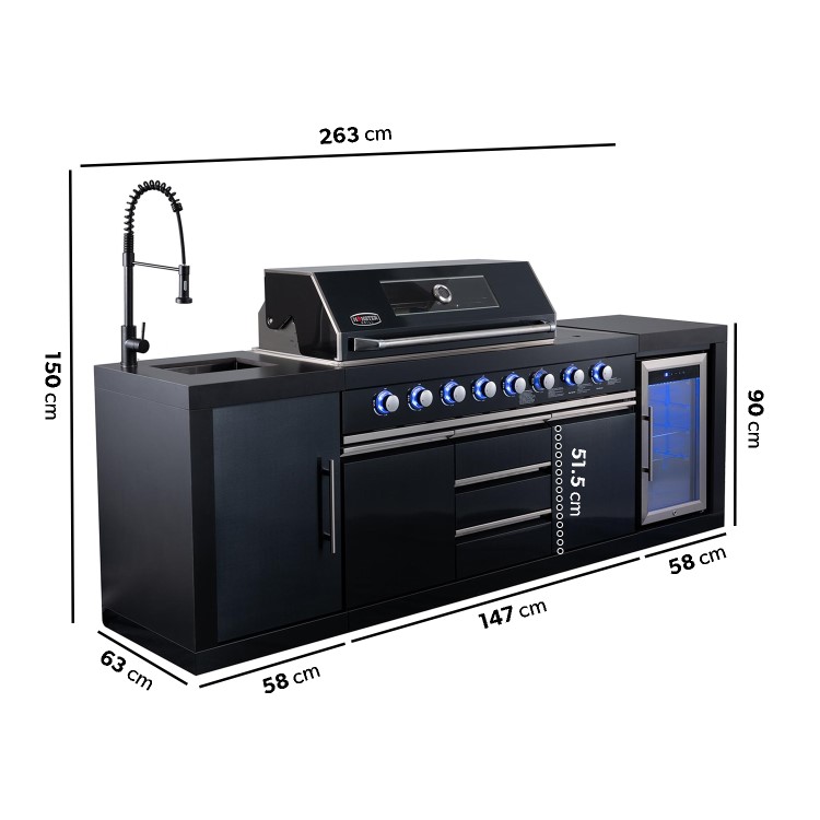 Refurbished Monster Grill - Eclipse Ultimate Outdoor Kitchen - 6 Burner Gas BBQ Grill with Fridge Sink with Sintered Stone Worktops
