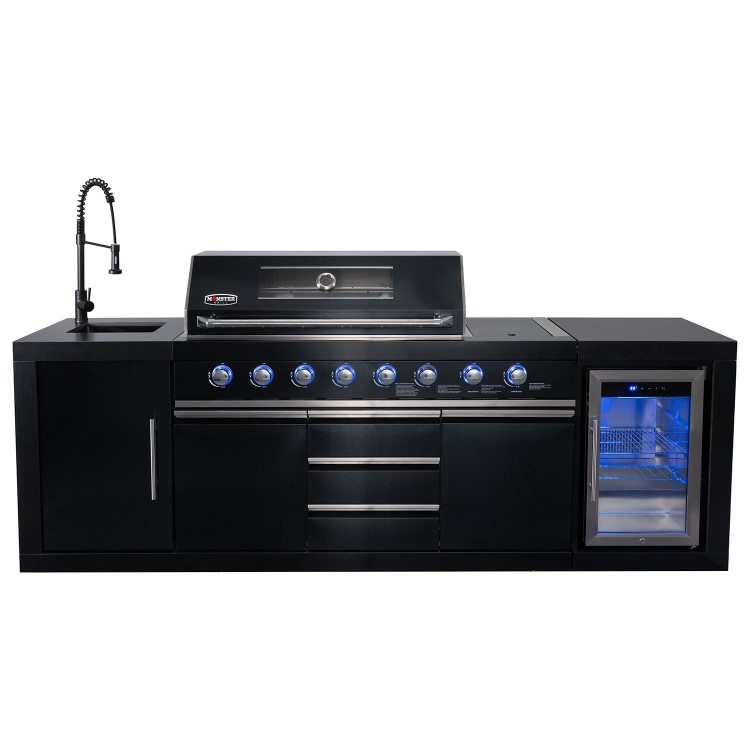 Refurbished Monster Grill - Eclipse Ultimate Outdoor Kitchen - 6 Burner Gas BBQ Grill with Fridge Sink with Sintered Stone Worktops