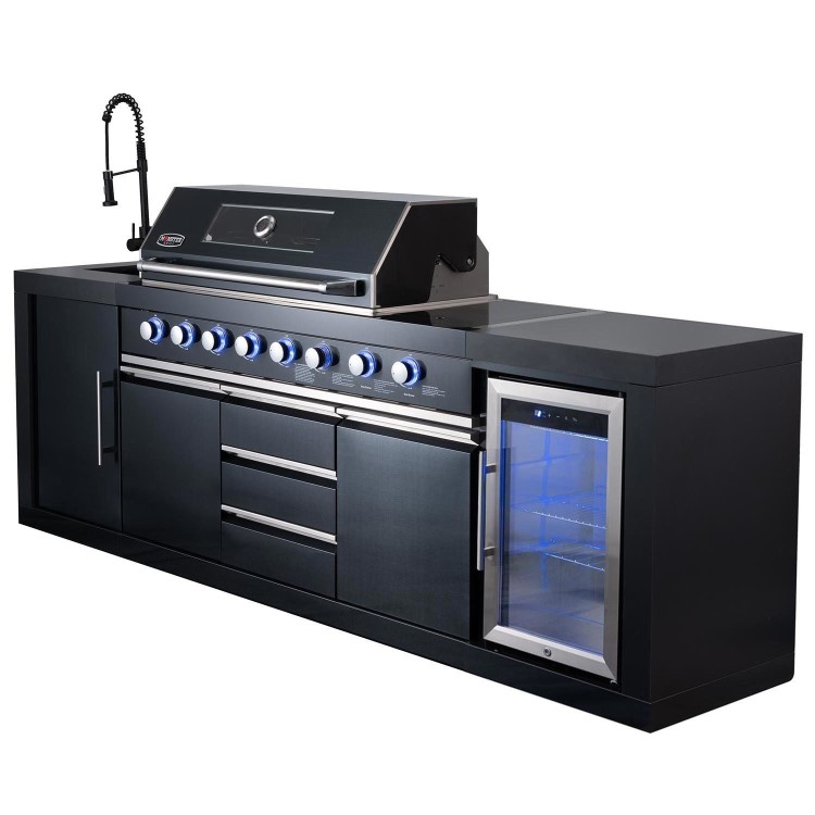 Refurbished Monster Grill - Eclipse Ultimate Outdoor Kitchen - 6 Burner Gas BBQ Grill with Fridge Sink with Sintered Stone Worktops