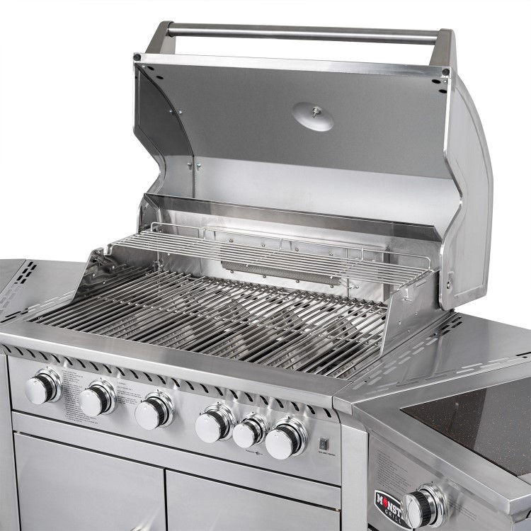 Monster Grill - 6 Burner Outdoor Kitchen BBQ Including Infrared Back Burner Plus Side Burner - Stainless Steel
