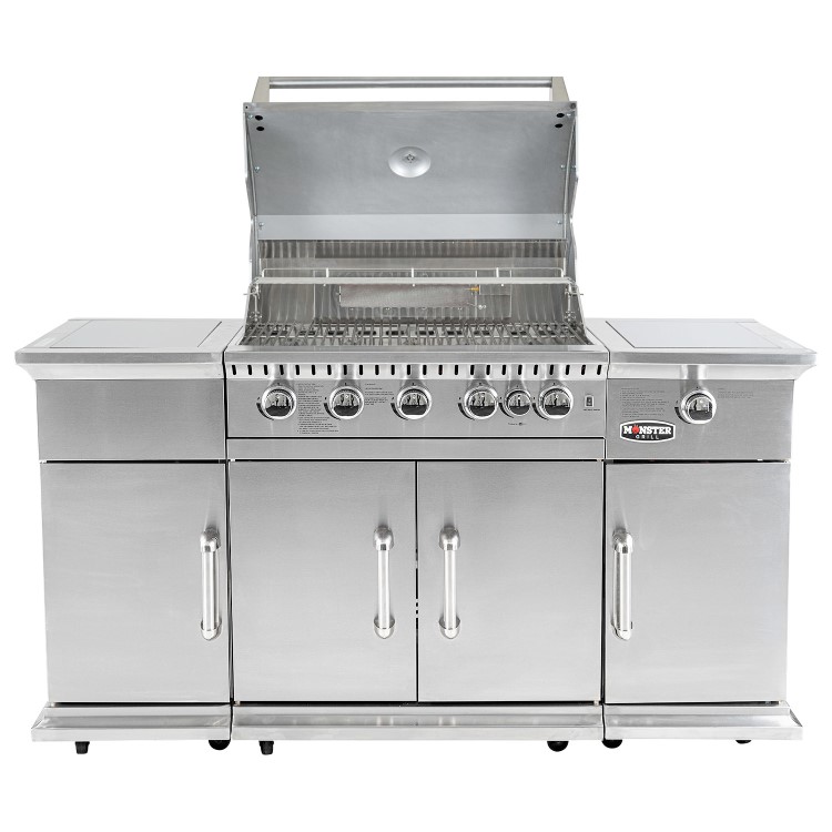 Monster Grill - 6 Burner Outdoor Kitchen BBQ Including Infrared Back Burner Plus Side Burner - Stainless Steel