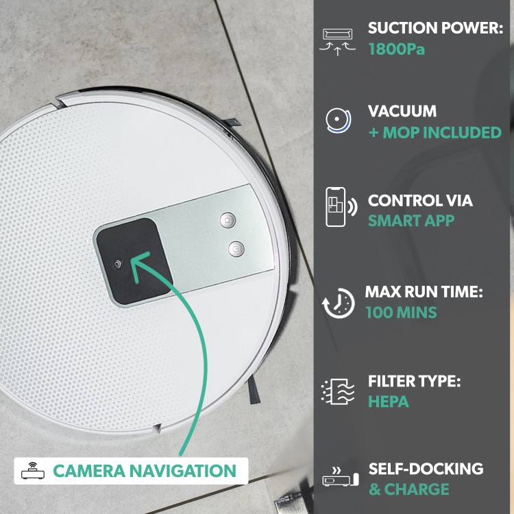 MH12 Maxcom 1800Pa Robot Vacuum Cleaner Camera Navigation with Intelligent Floor Carpet Sweeping and Mopping