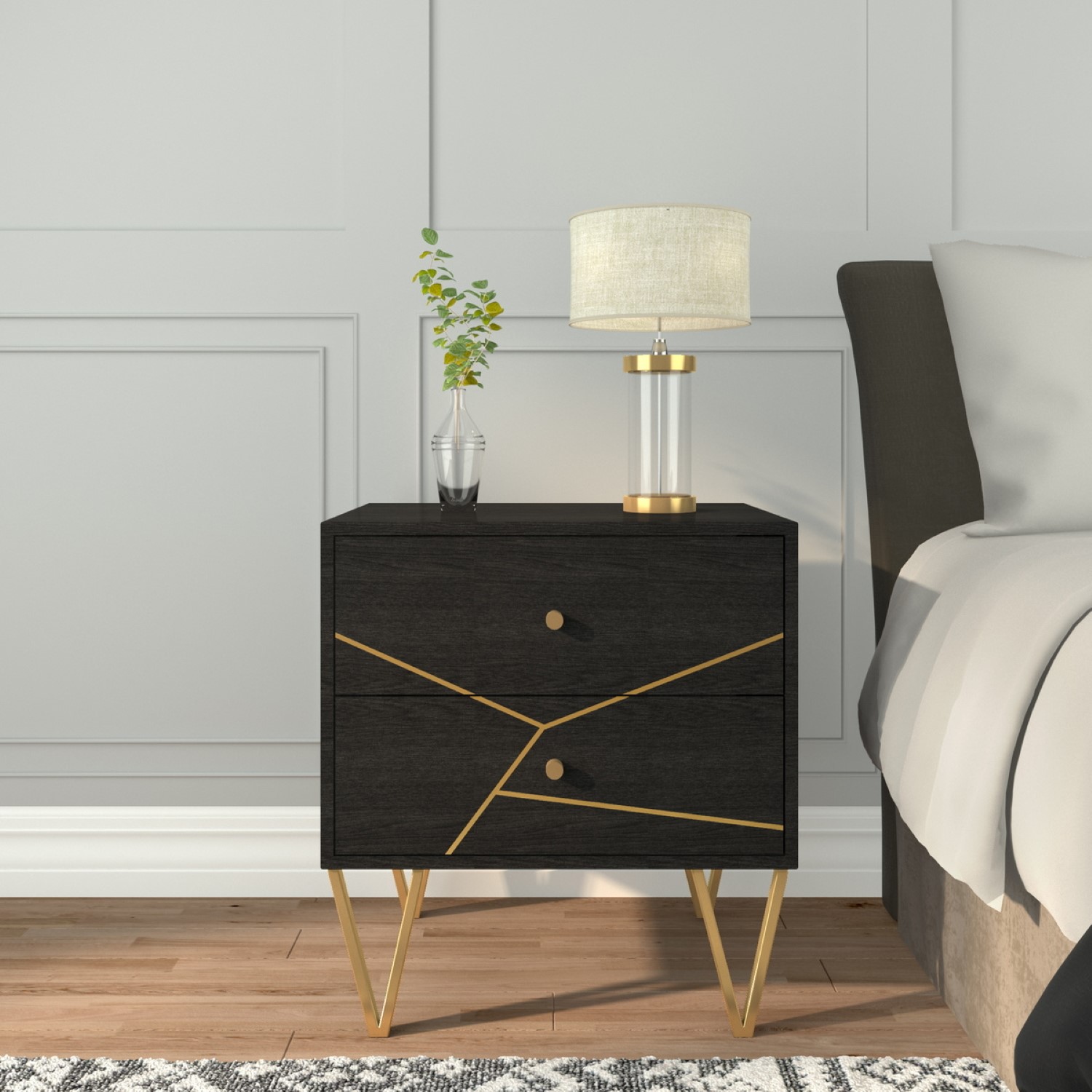 Mika 2 Drawer Dark Brown Bedside Table with Brass Inlay MIK001 | eBay