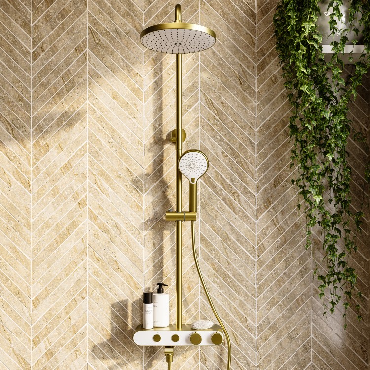 Brushed Brass Round Thermostatic Mixer Shower Set with Bath Filler Spout - Mika