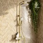 Brushed Brass Round Thermostatic 3 Outlet Mixer Shower Set with Bath Filler Spout  Push Buttons and Shelf- Mika
