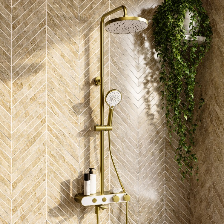 Brushed Brass Round Thermostatic 3 Outlet Mixer Shower Set with Bath Filler Spout  Push Buttons and Shelf- Mika