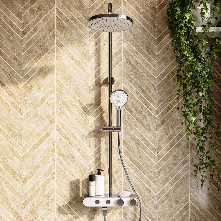 Chrome Round Thermostatic 3 Outlet Mixer Shower Set with Bath Filler Spout  Push Buttons and Shelf - Mika