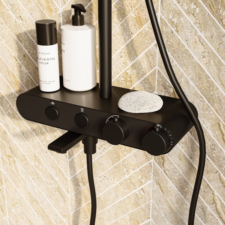 Black Round Thermostatic 3 Outlet Mixer Shower Set with Bath Filler Spout Push Buttons and Shelf- Mika