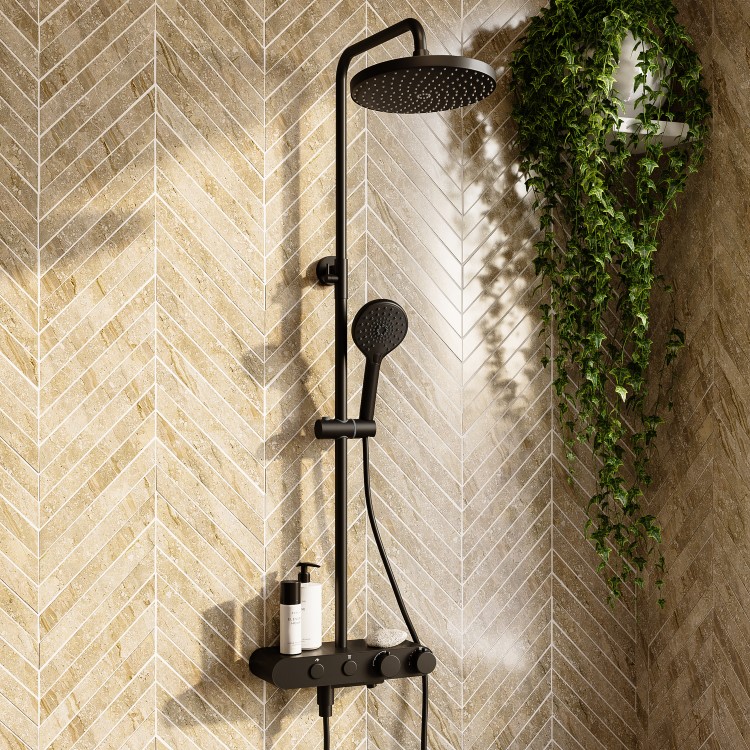 Black Round Thermostatic 3 Outlet Mixer Shower Set with Bath Filler Spout Push Buttons and Shelf- Mika