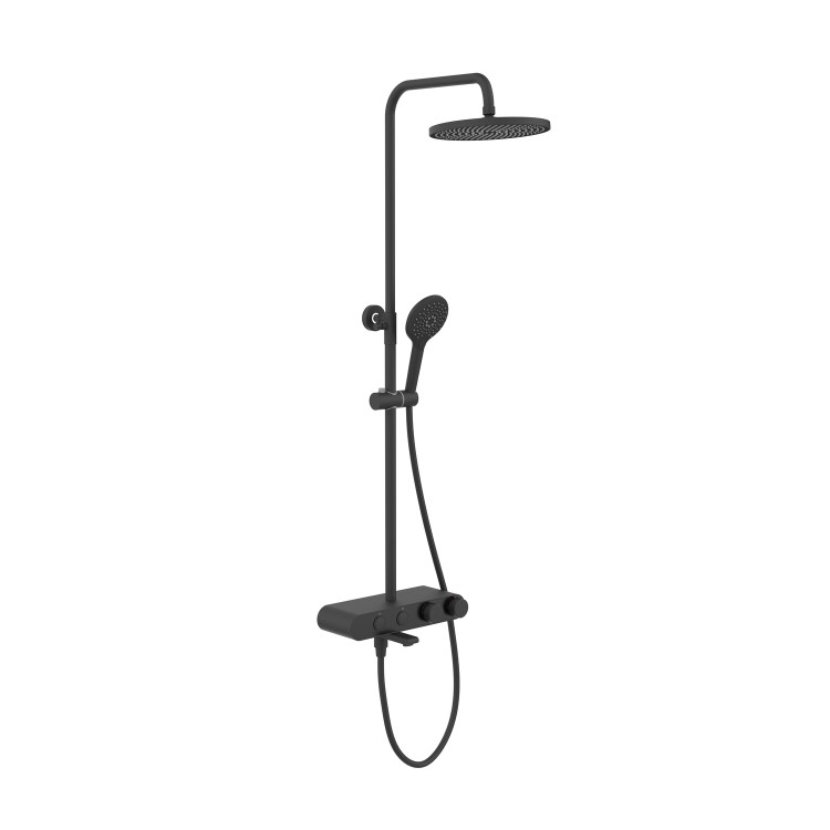 Black Round Thermostatic 3 Outlet Mixer Shower Set with Bath Filler Spout Push Buttons and Shelf- Mika
