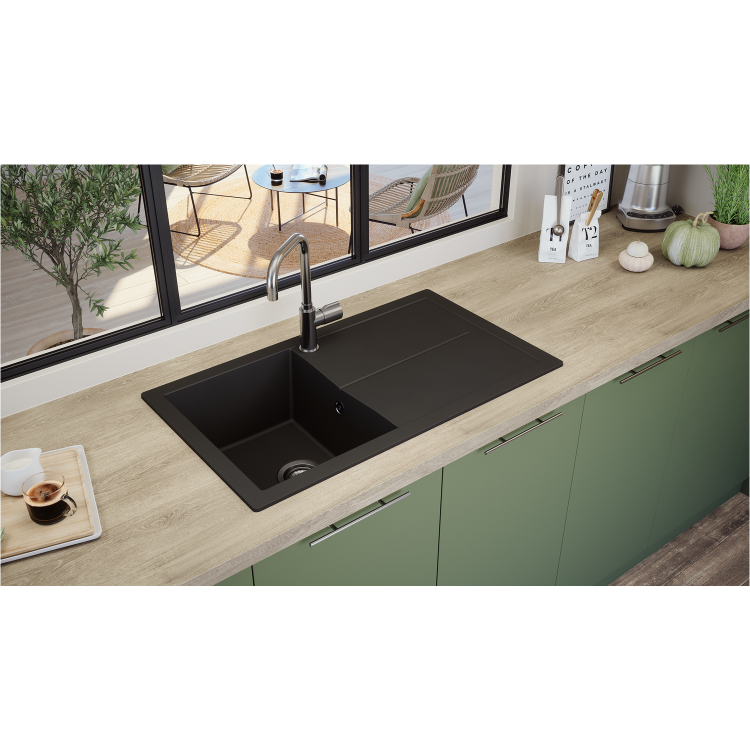 Rocklite Milton Single Bowl Inset Black Composite Kitchen Sink with Reversible Drainer