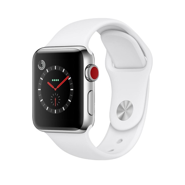 Apple Watch Series 3 GPS + Cell 38mm Stainless Steel Case with Soft White Sport Band