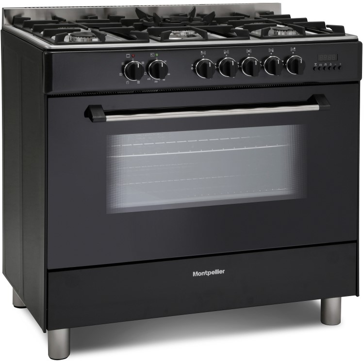 GRADE A3 - Montpellier MR91DFMK 90cm Single Cavity Dual Fuel Range Cooker - Black