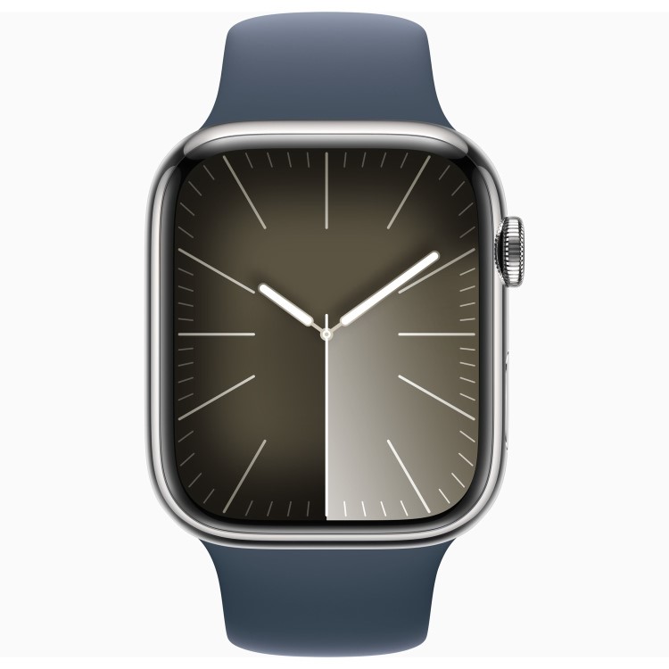 Apple Watch Series 9 GPS + Cellular 41mm Silver Stainless Steel Case with Storm Blue Sport Band - S/M