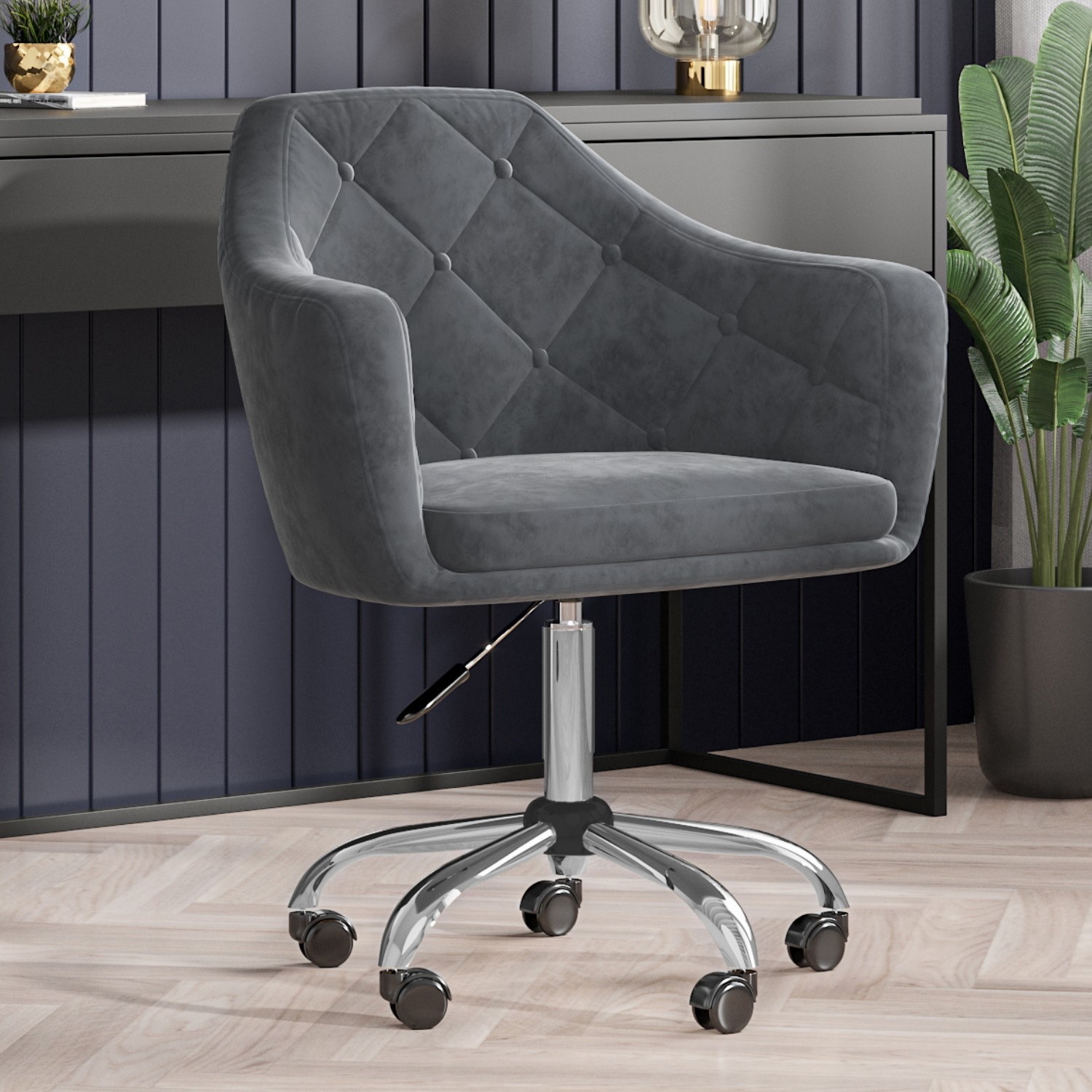 Grey Velvet Office Swivel Chair with Button Back Marley