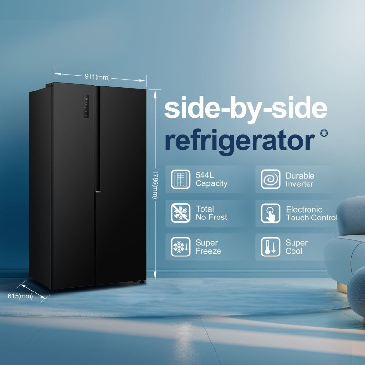 Fridgemaster 544 Litre Side-by-Side American Fridge Freezer - Black