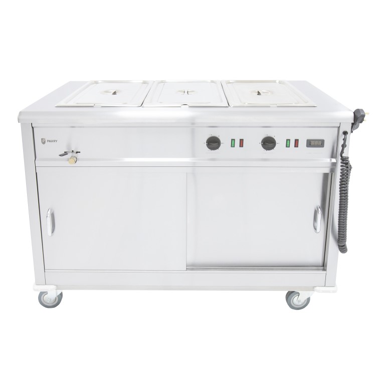 Parry MSB12 Mobile Servery Unit And Hot Cupboard With 3 x 1/1 GN Bain Marie Top 1305mm Wide. UK Plug. Made In Britain