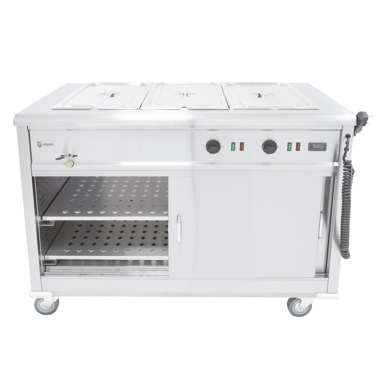 Parry MSB12 Mobile Servery Unit And Hot Cupboard With 3 x 1/1 GN Bain Marie Top 1305mm Wide. UK Plug. Made In Britain