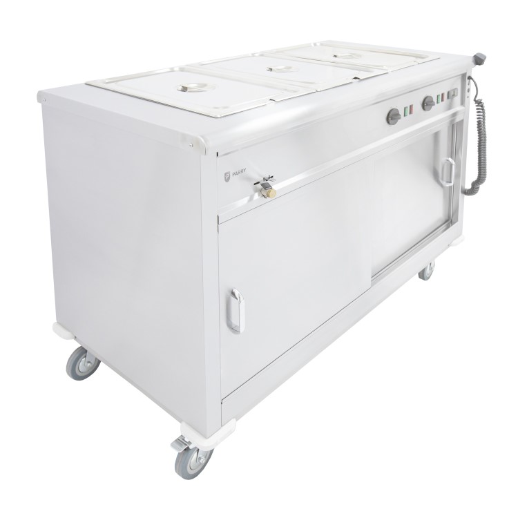 Parry MSB12 Mobile Servery Unit And Hot Cupboard With 3 x 1/1 GN Bain Marie Top 1305mm Wide. UK Plug. Made In Britain