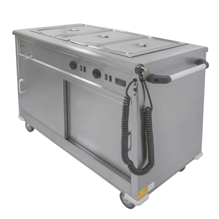 Parry MSB12 Mobile Servery Unit And Hot Cupboard With 3 x 1/1 GN Bain Marie Top 1305mm Wide. UK Plug. Made In Britain