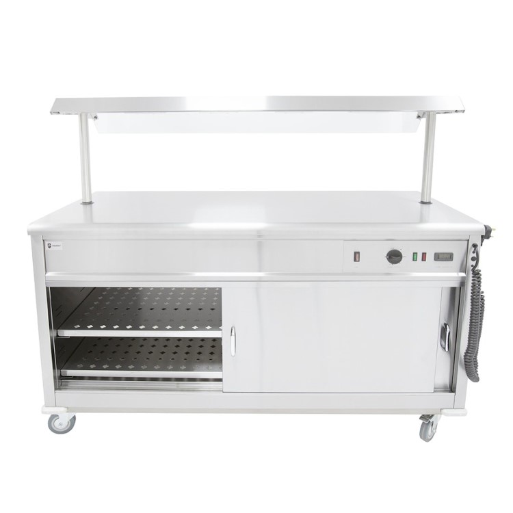 Parry MSF12G Mobile Flat Top Servery Counter And Hot Cupboard With Heated Overhead Gantry. 1305mm Wide. UK Plug. Made In Britain