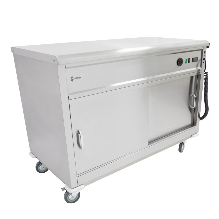 Parry MSF12 Mobile Flat Top Servery Counter And Hot Cupboard. 1305mm Wide. UK Plug. Made In Britain